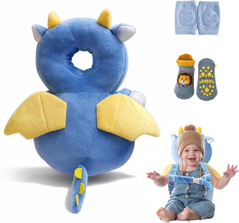 HippoBaby Baby Head Protector Backpack – Toddler Safety Cushion for Crawling & Walking – Infant Fall Protection Pillow with Adjustable Straps – Comes with Knee Pads & Non-Slip Baby Socks (Blue Dragon) - Image 1